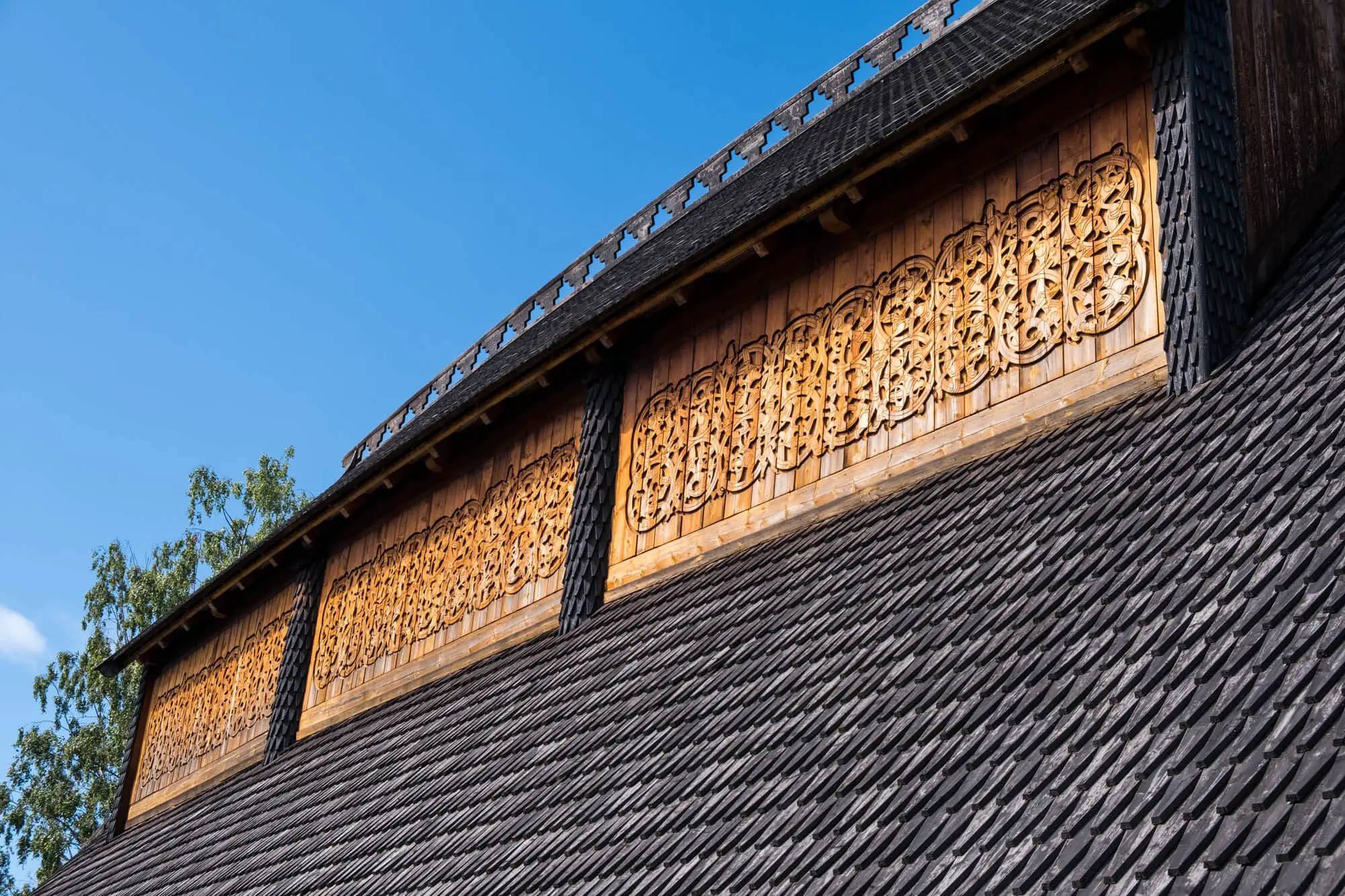 Beautiful wood carvings on a Viking Mead Hall